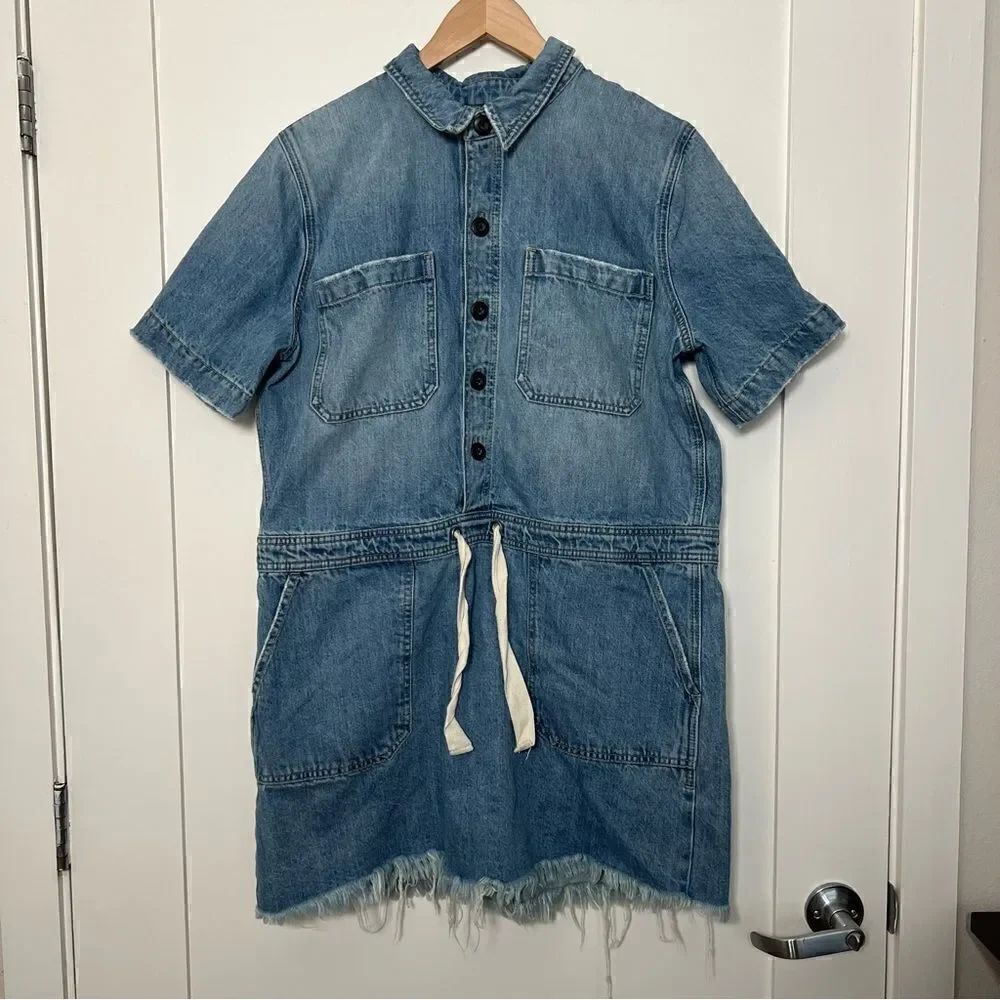 Lucky Brand Jean Mini Dress Womens Sz L Blue Short Sleeve Fray Hem Drawstring
